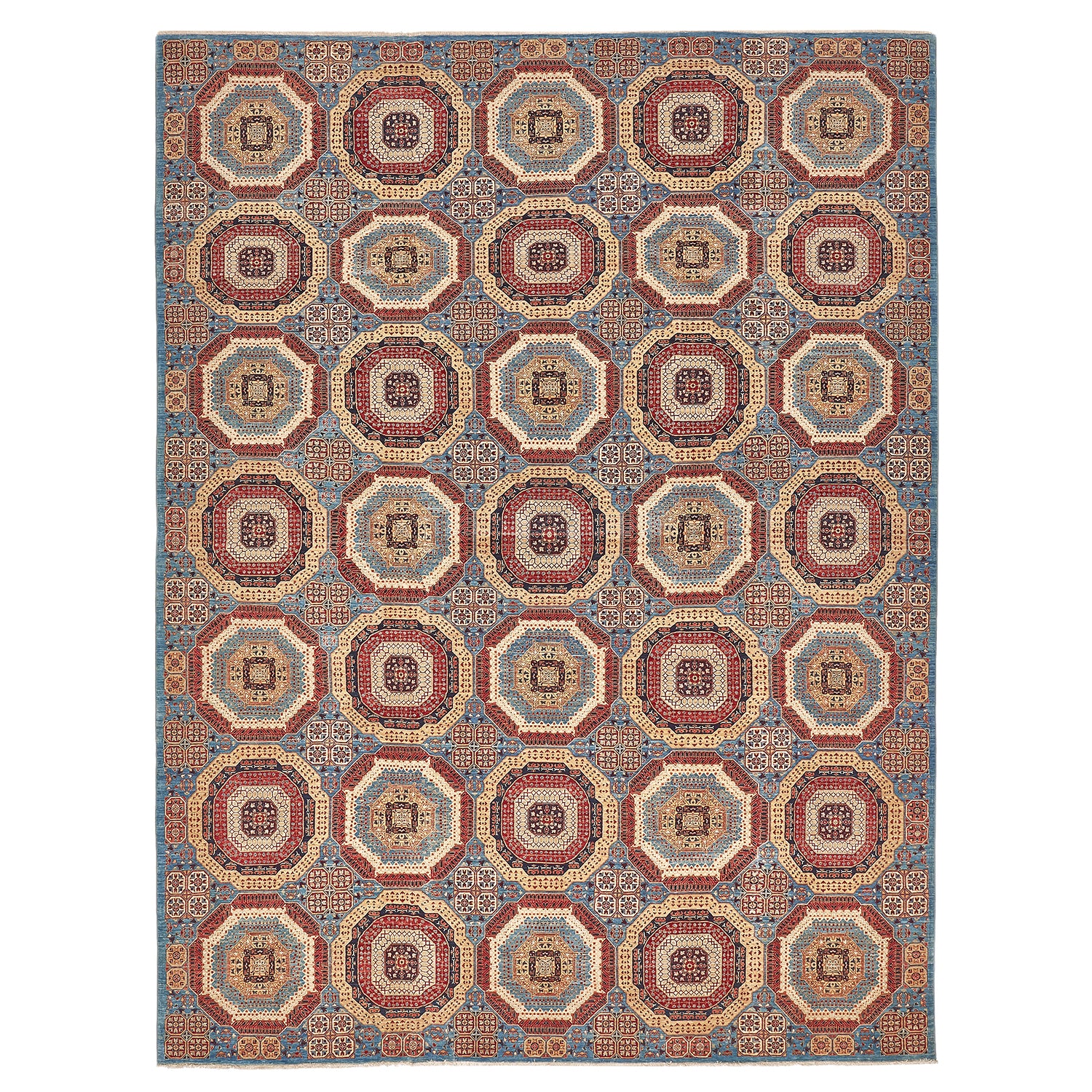 Exquisite Oriental rug showcases intricate geometric patterns in harmonious colors.