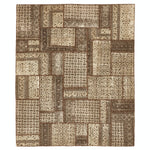 Patchwork patterned rug featuring intricate designs in warm earth tones.