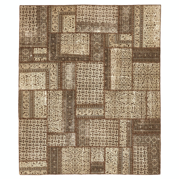 Patchwork patterned rug featuring intricate designs in warm earth tones.