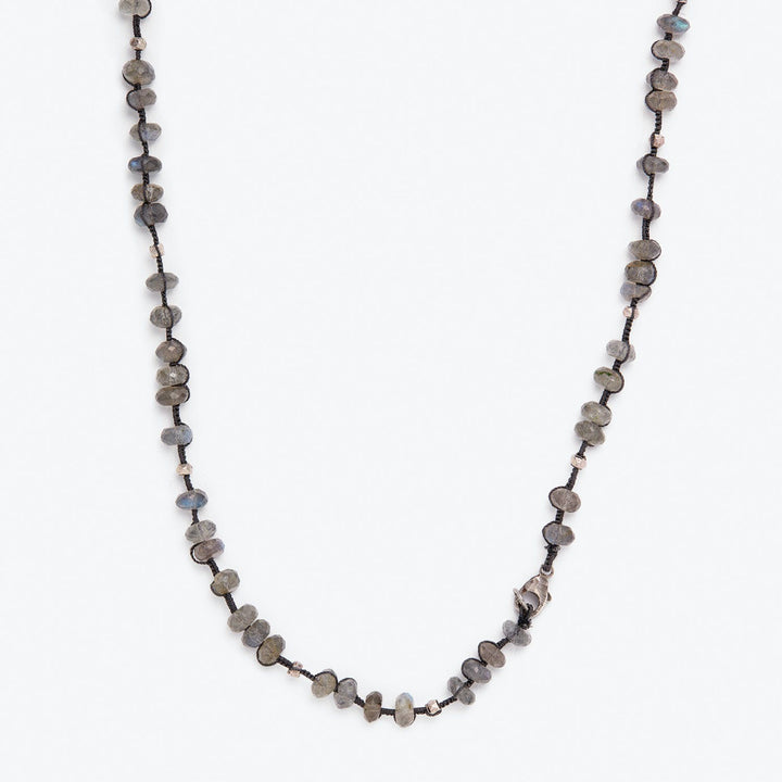 Labradorite bead necklace showcases elegant design and iridescent gemstones.