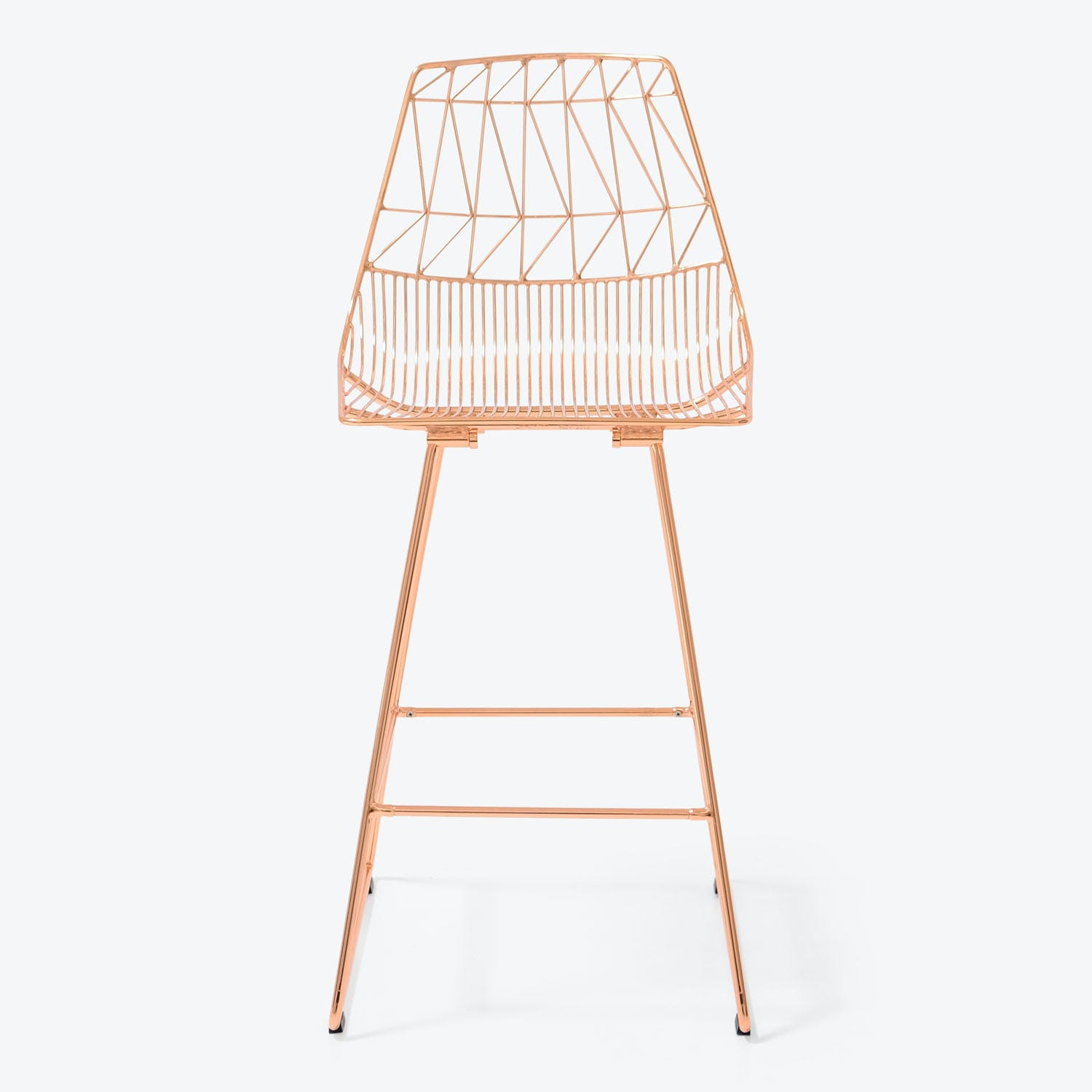 Modern wireframe chair with copper finish exhibits sleek geometric design.