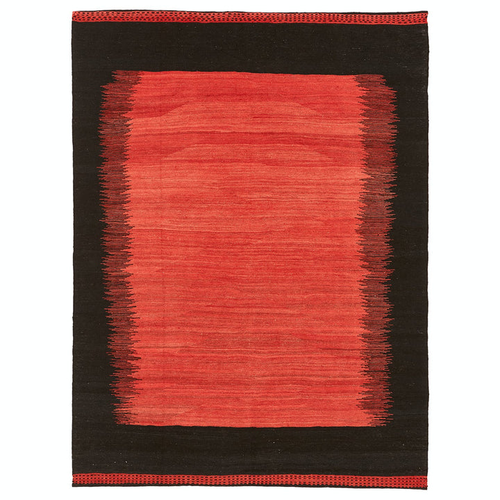 Vibrant red gradient rug with minimalist design and black border