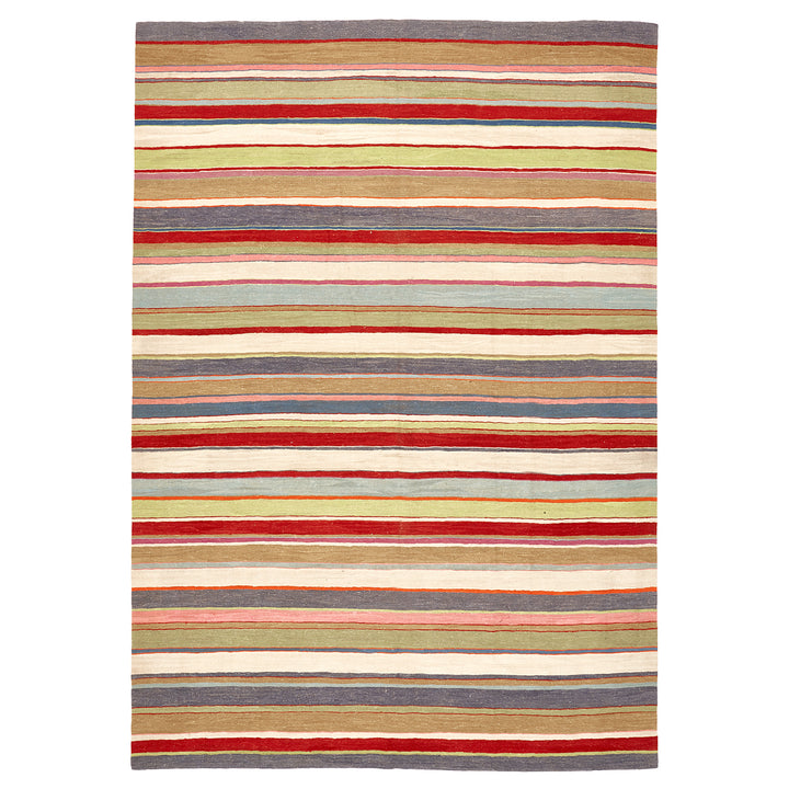 A colorful striped area rug with a casual, handcrafted look.