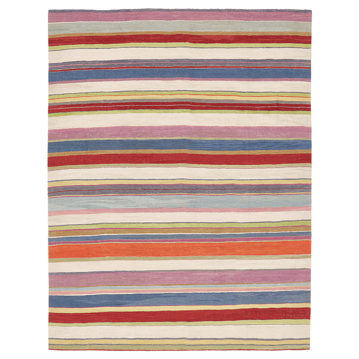 Colorful striped rectangular rug with a casual, eclectic design