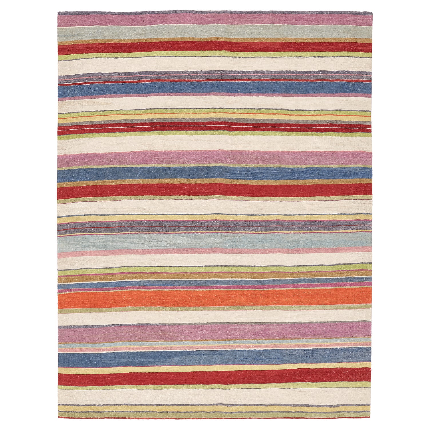 Colorful striped rectangular rug with a casual, eclectic design