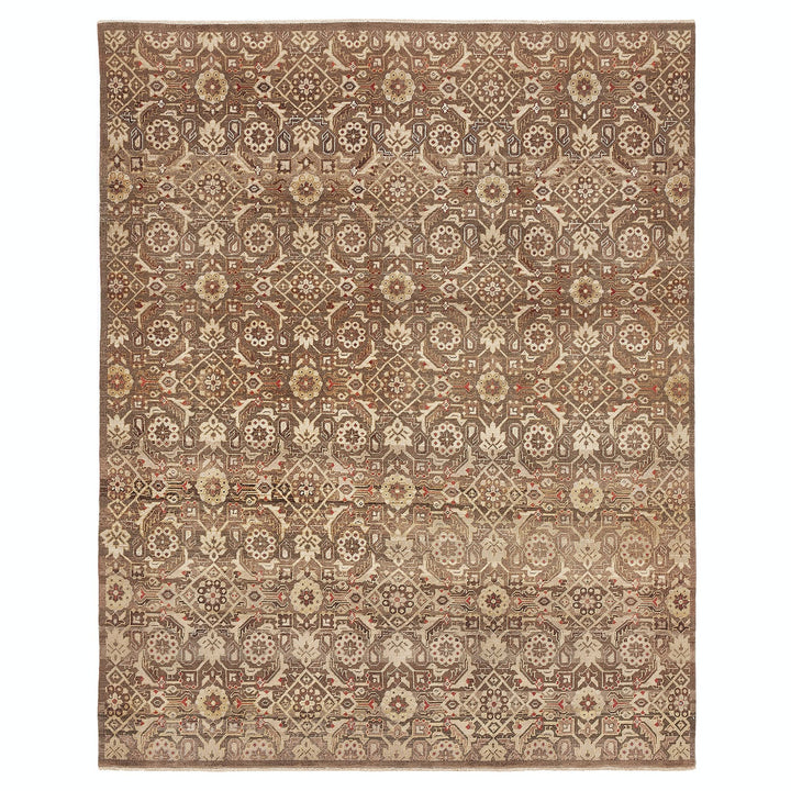 Intricately designed rectangular rug in neutral and earth tones.