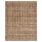 Intricately designed rectangular rug in neutral and earth tones.