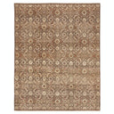 Intricately designed rectangular rug in neutral and earth tones.