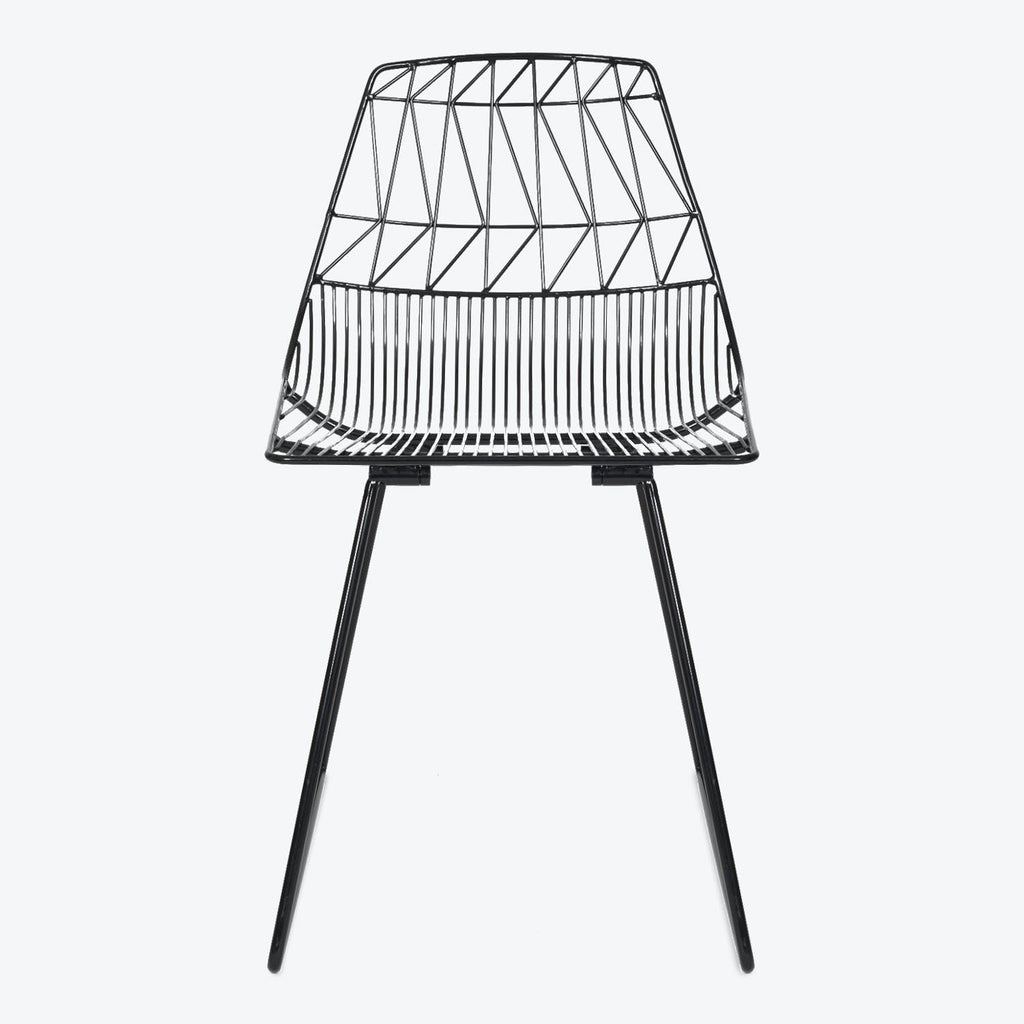 Contemporary black chair with grid-like metal rod structure and slim legs.
