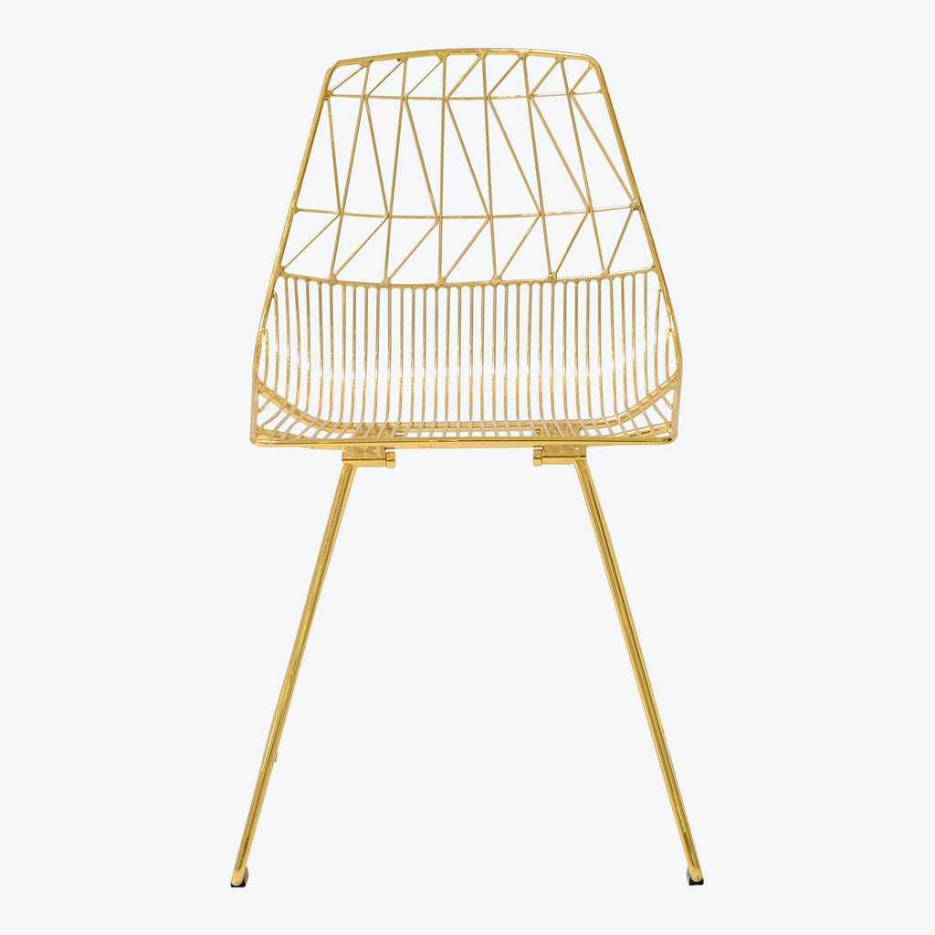 Contemporary gold metal chair with geometric patterned back and seat.