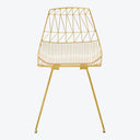 Contemporary gold metal chair with geometric patterned back and seat.