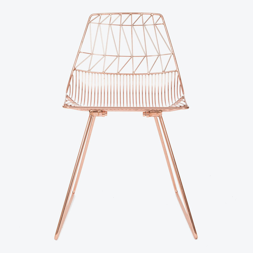 Minimalist copper chair with sleek design and grid-like pattern.