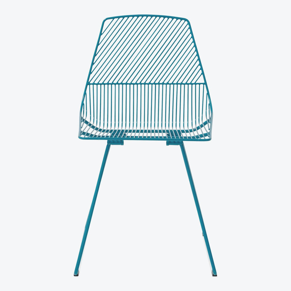 Modern teal wire chair with minimalist design against white background.