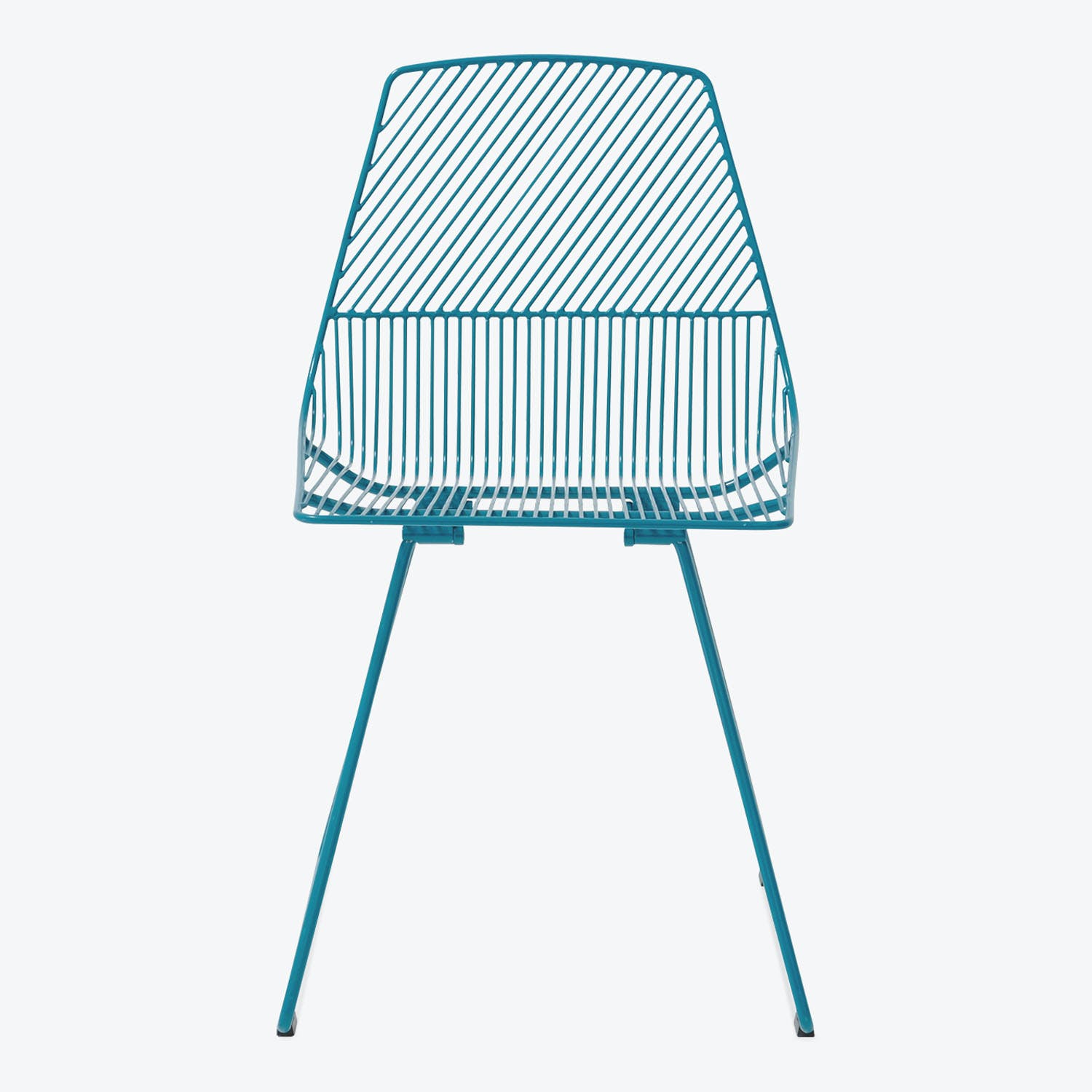 Modern teal wire chair with minimalist design against white background.