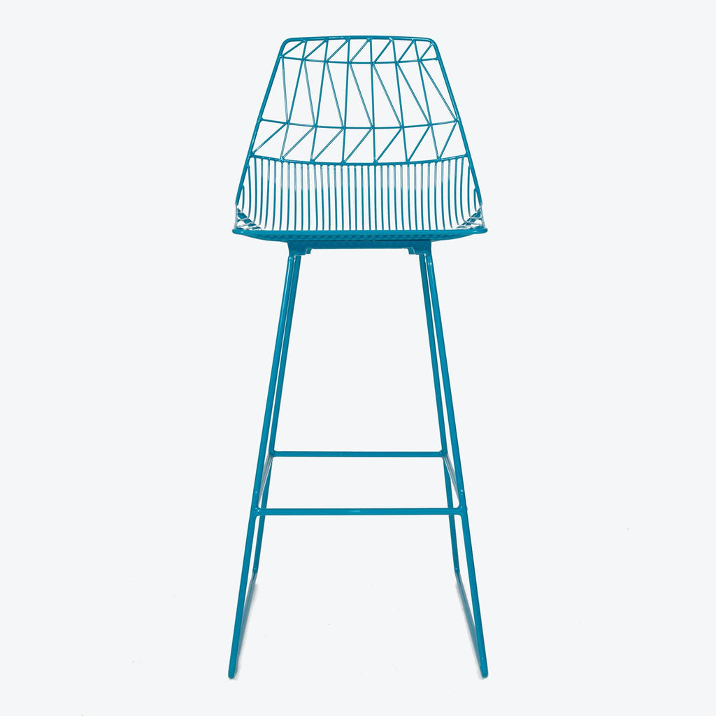 Vibrant teal blue bar stool with geometric wireframe design.