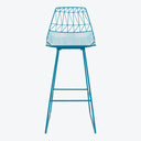 Vibrant teal blue bar stool with geometric wireframe design.