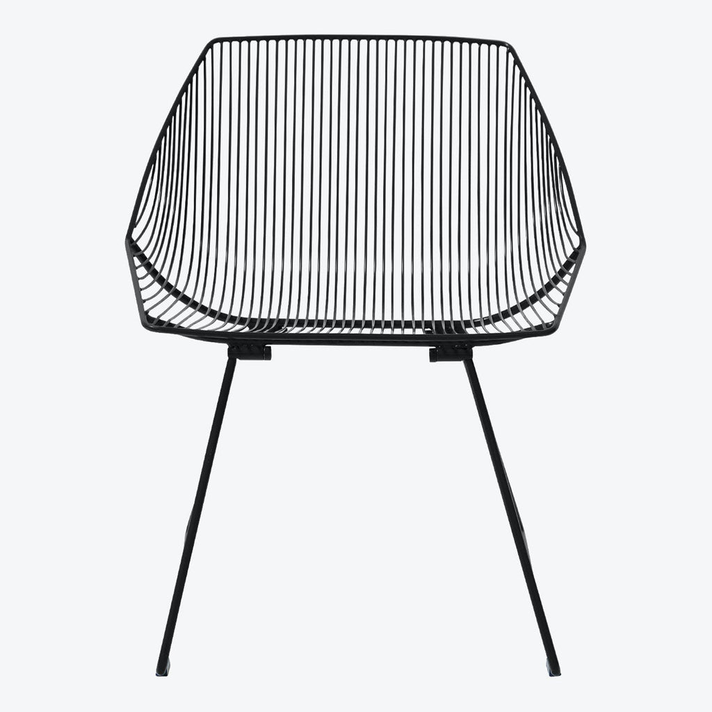 Modern, minimalistic chair with sleek black metal frame and grid-like design.