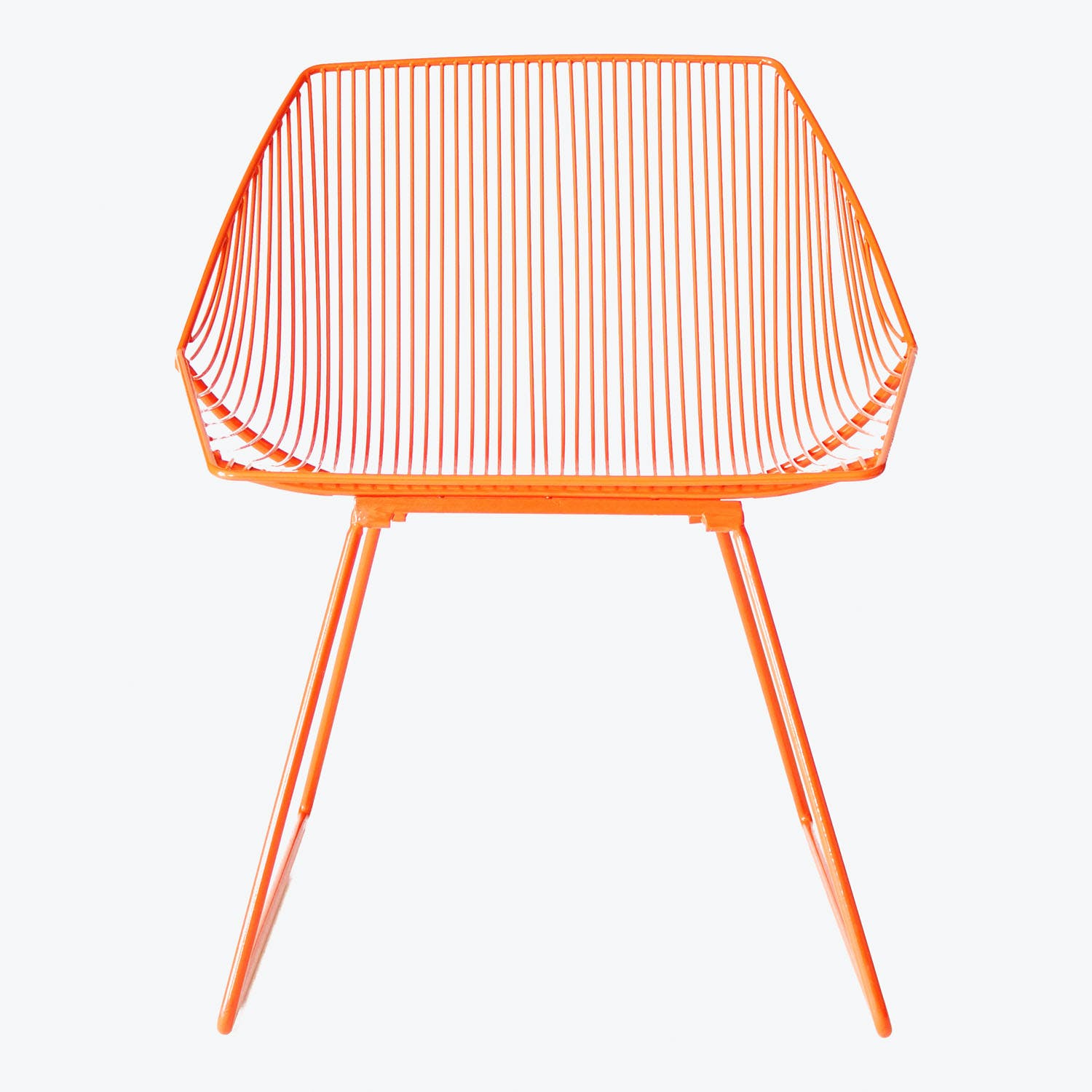 Modern, minimalist orange chair with open, sleek design and lightweight silhouette.