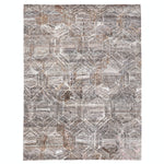 Rectangular rug with geometric pattern in brown and beige tones.