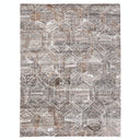 Rectangular rug with geometric pattern in brown and beige tones.