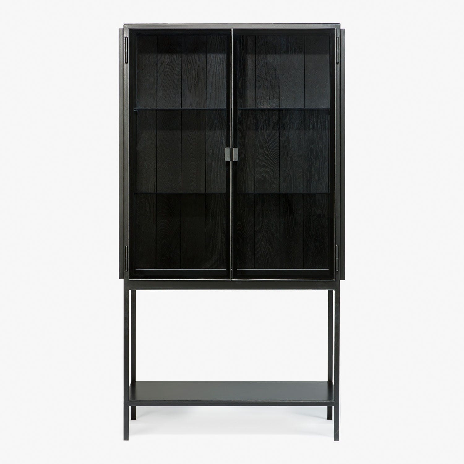 Minimalistic black cabinet with glass doors and sleek metal frame.