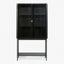 Minimalistic black cabinet with glass doors and sleek metal frame.