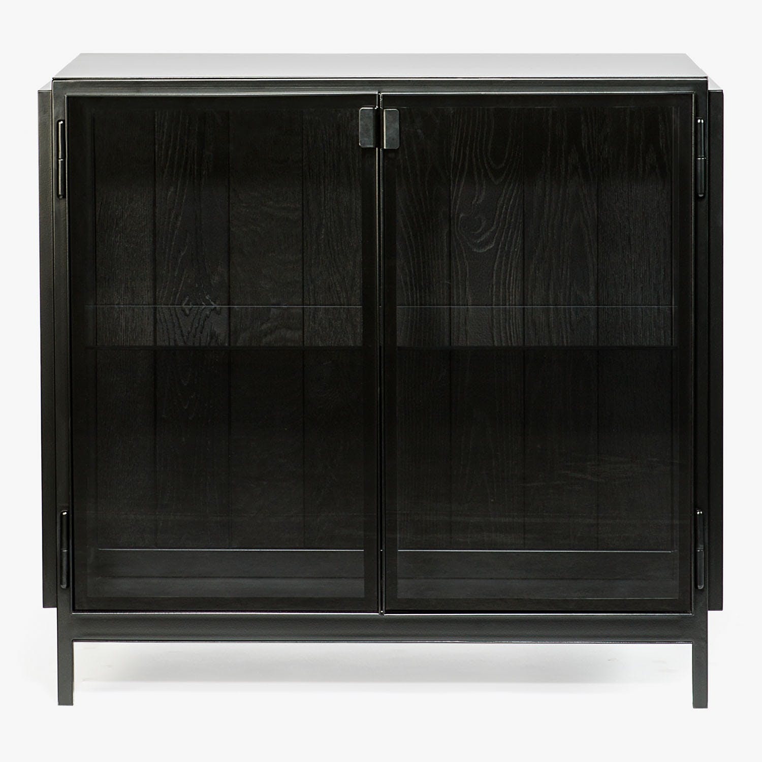 Modern wooden cabinet with glass doors and minimalist design.