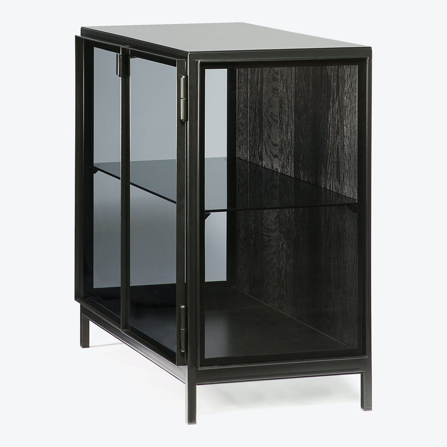 Sleek and modern glass display cabinet with adjustable glass shelves.