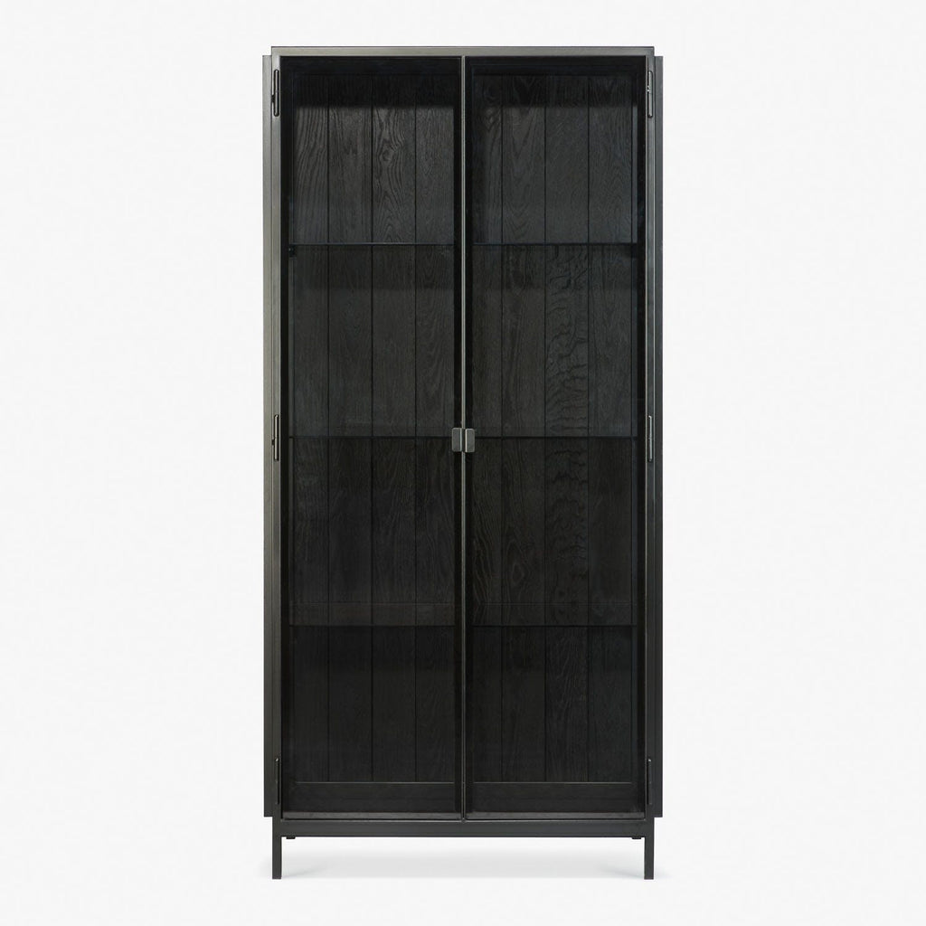 Modern black cabinet with glass doors and minimalist design.