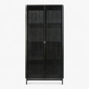 Modern black cabinet with glass doors and minimalist design.