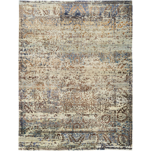 Complex, distressed rug with traditional motifs and vintage appearance.