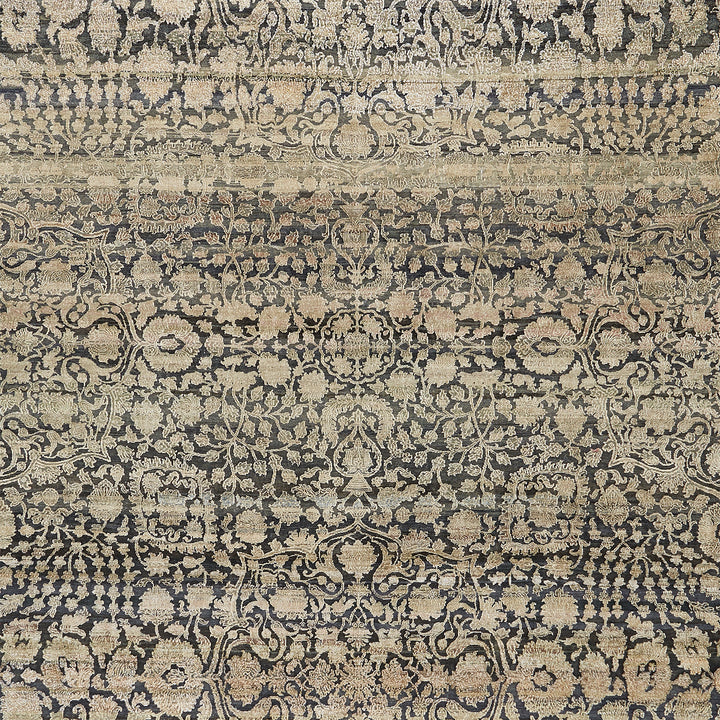 Intricate and symmetrical textile pattern in monochromatic shades of beige.