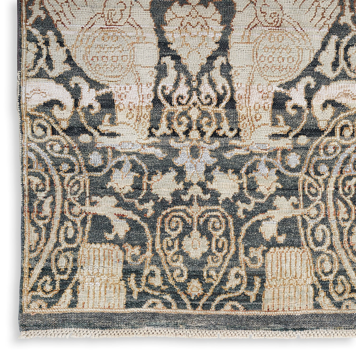 Intricate Middle Eastern-inspired rug showcases symmetrical design and exquisite craftsmanship.