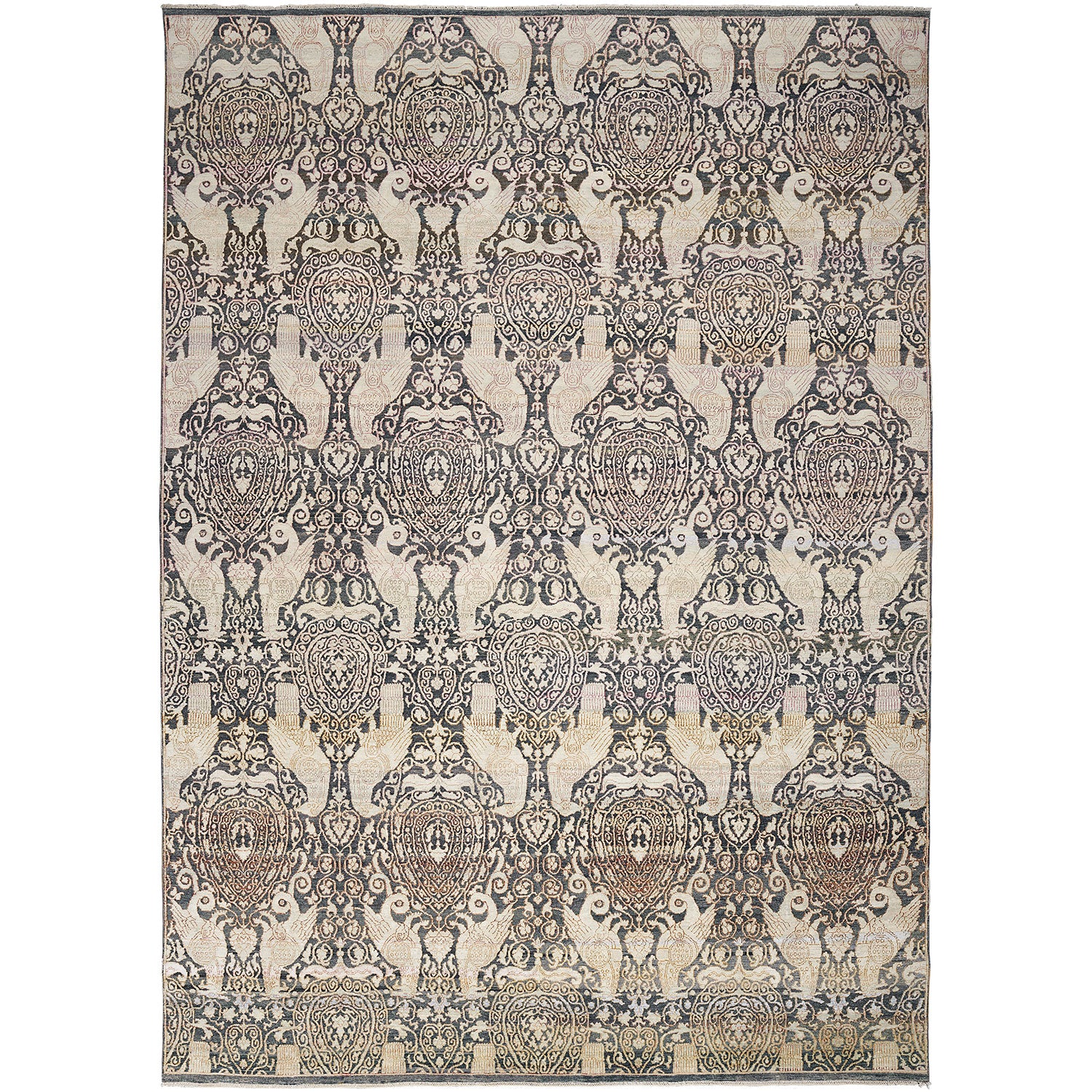 Symmetrical and intricate patterned rectangular area rug in muted colors.