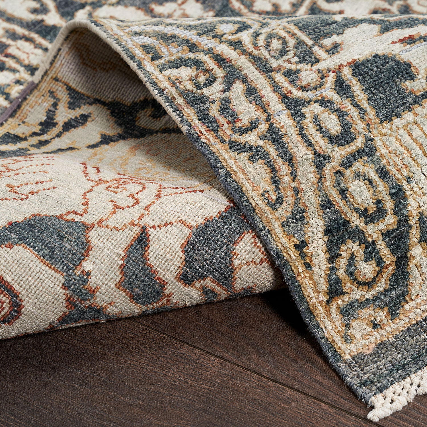 Intricate vintage rug with traditional patterns and rich color palette.