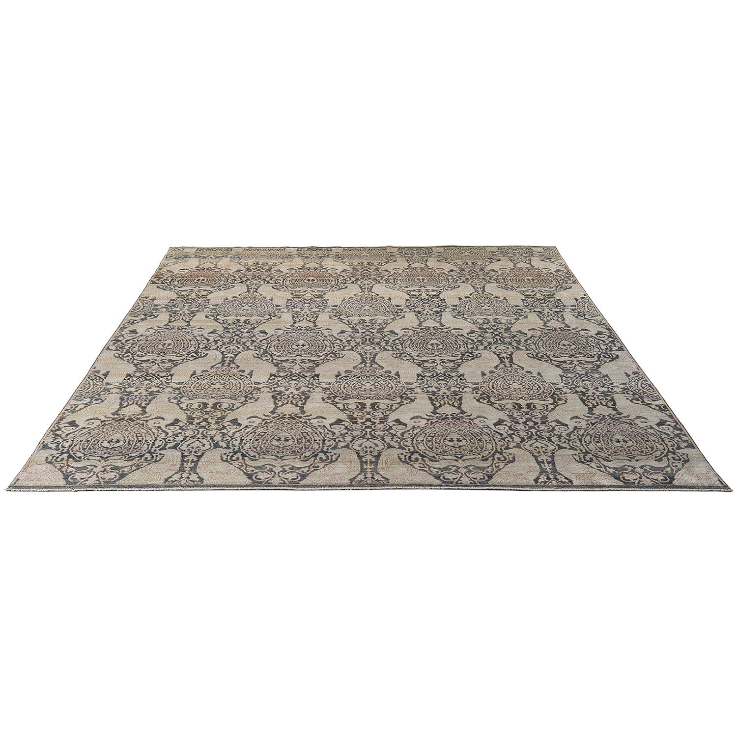 Elaborate symmetrical patterned rug with muted colors and solid border.