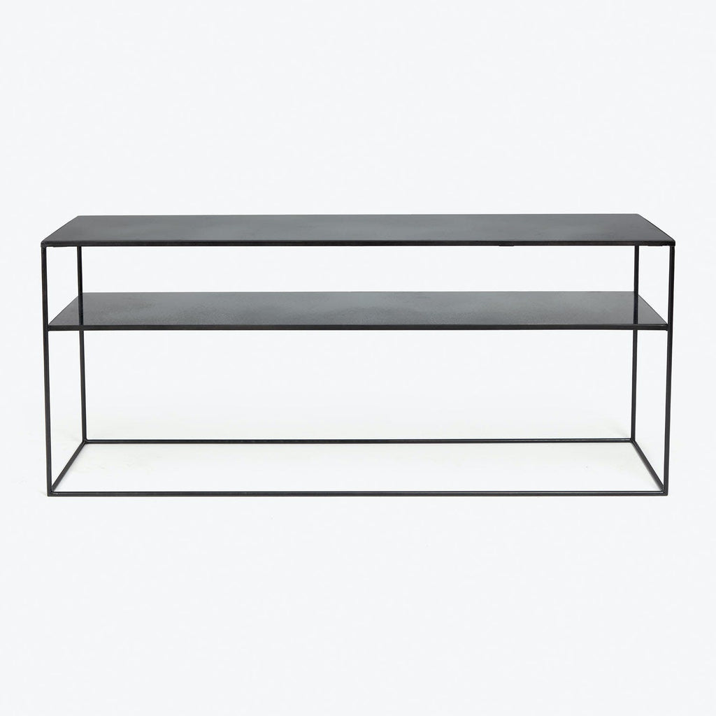 Modern black console table with minimalist design and two shelves.