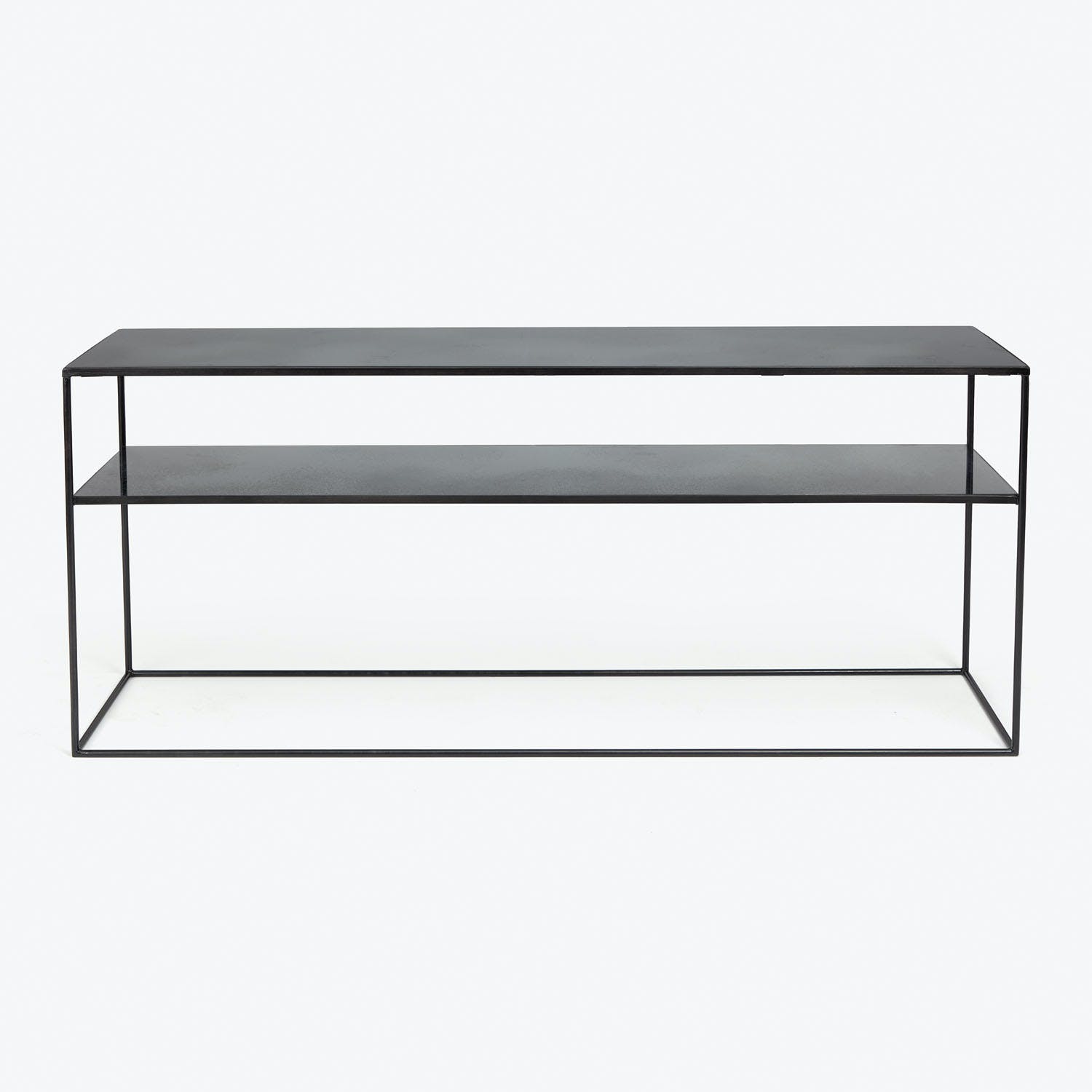 Modern black console table with minimalist design and two shelves.