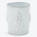 Handmade white ceramic container featuring botanical relief pattern for decoration.