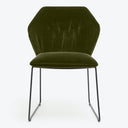 Modern minimalist chair with hexagonal backrest and olive green upholstery.
