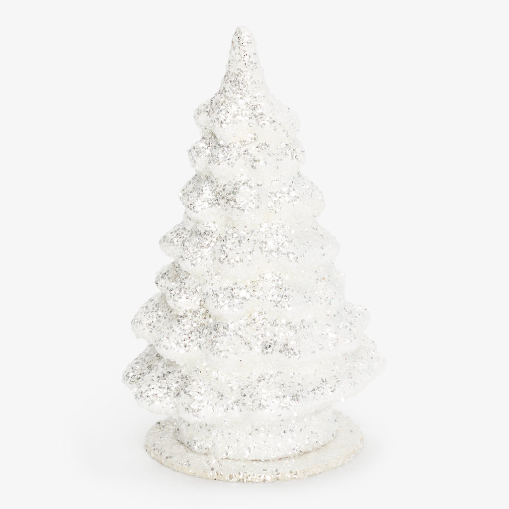 Glittery Christmas tree ornament with snow-like appearance and spiral design.