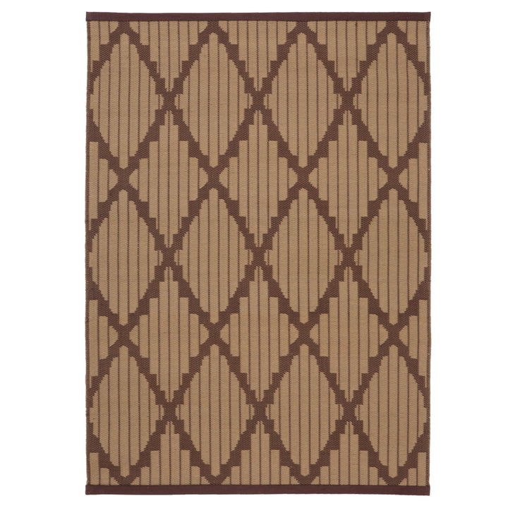 Rectangular rug with symmetrical geometric pattern in neutral colors.