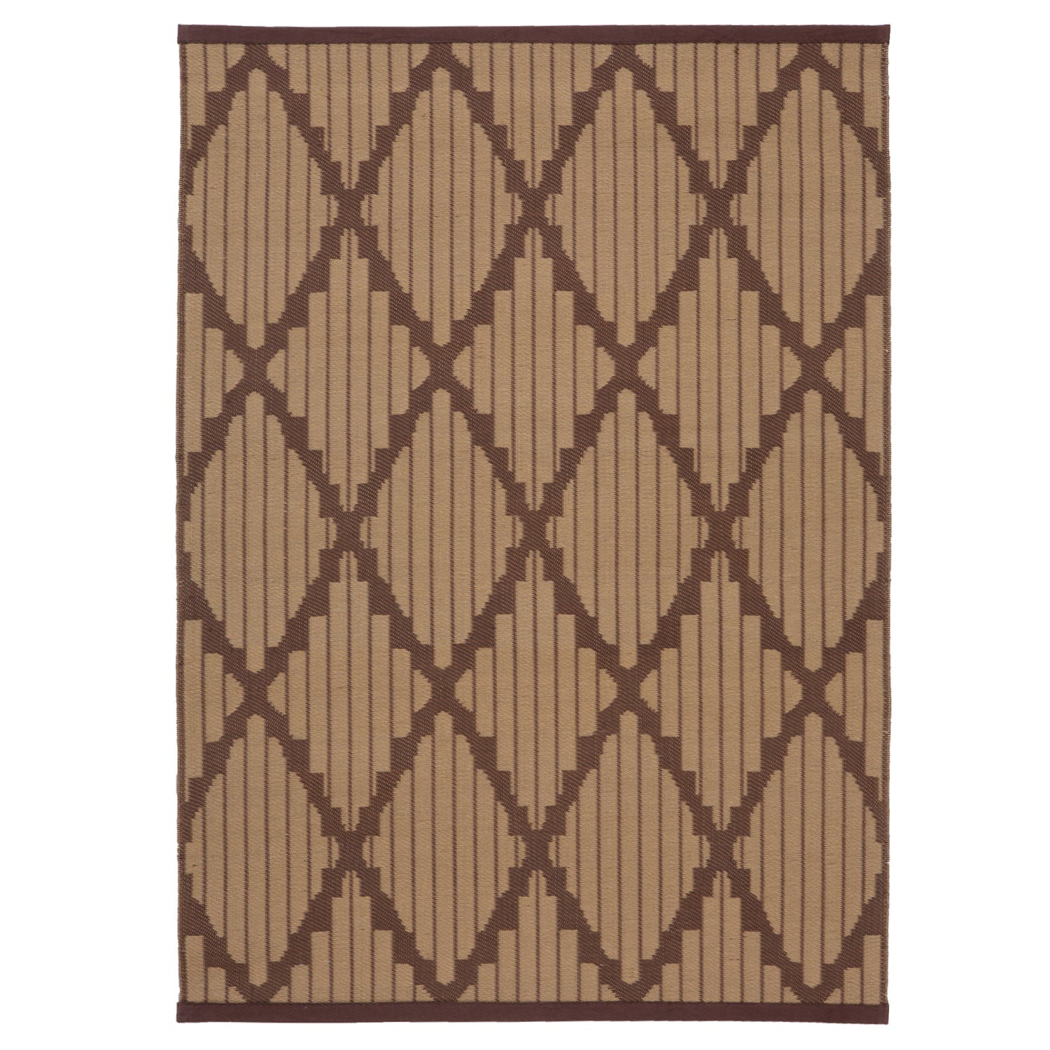 Rectangular rug with symmetrical geometric pattern in neutral colors.