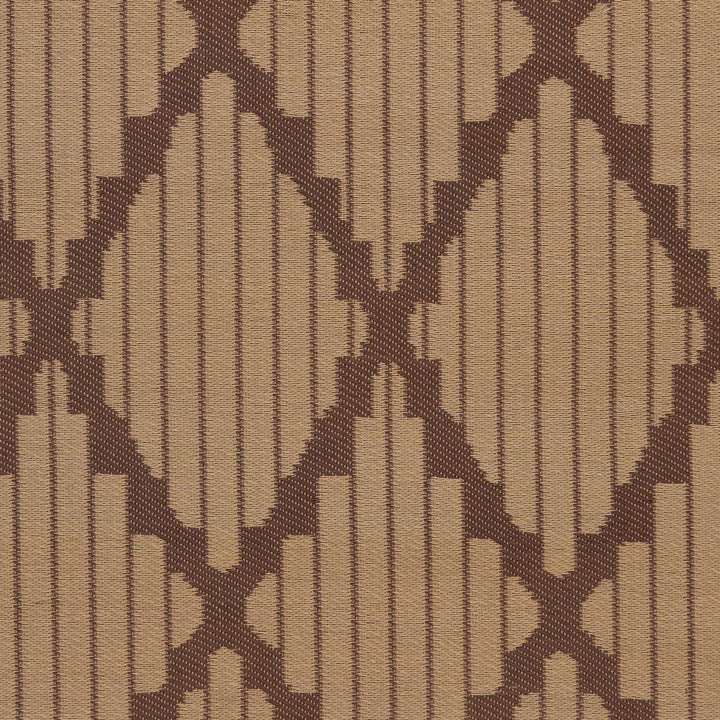 Traditional woven fabric with dark brown geometric patterns on light brown background.