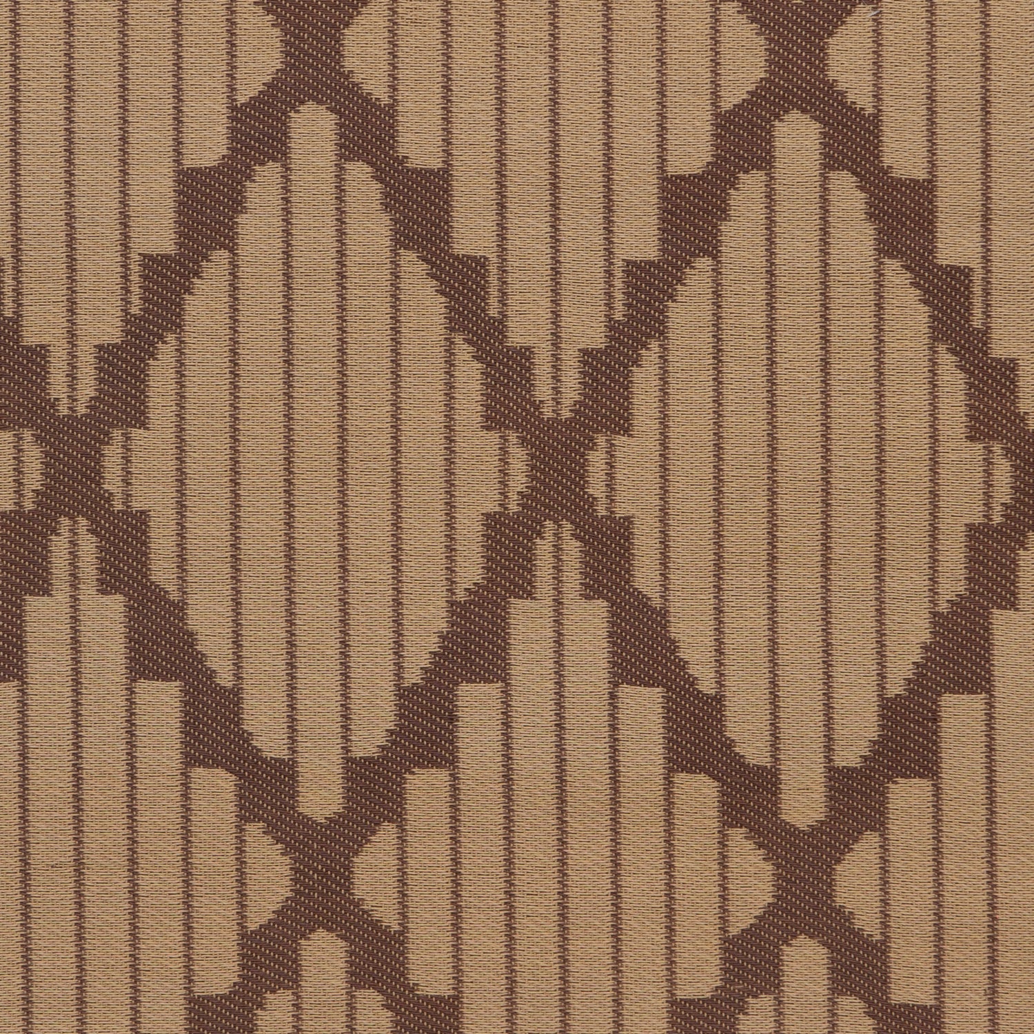 Traditional woven fabric with dark brown geometric patterns on light brown background.