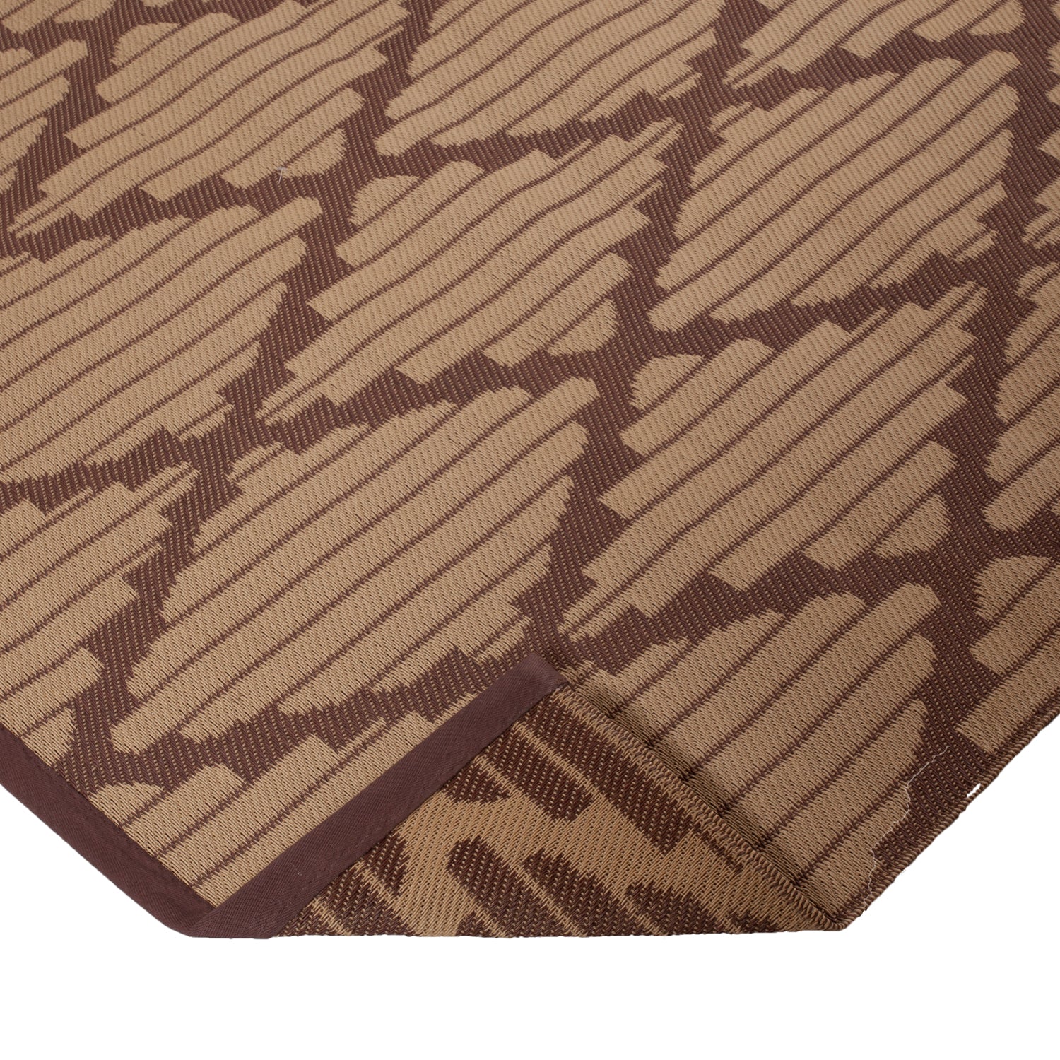 Close-up of textured fabric with geometric pattern in shades of brown.