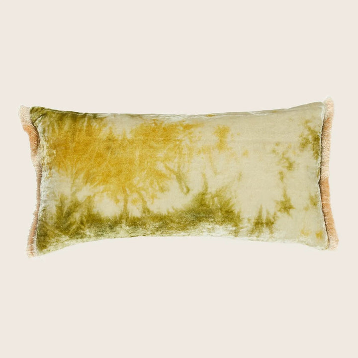 Rectangular pillow featuring green and yellow tie-dye pattern on white background.