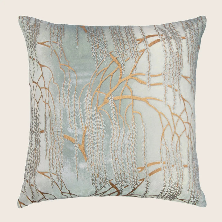 Intricately designed square decorative pillow with calming tree branch pattern.