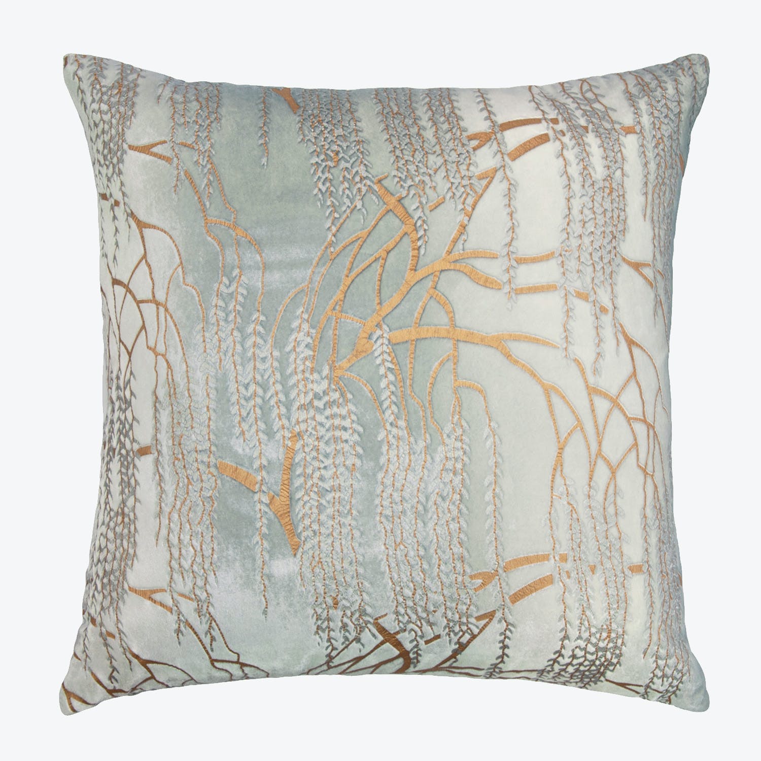 Intricately designed square decorative pillow with calming tree branch pattern.