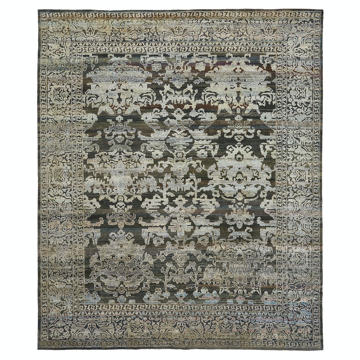 Intricate, symmetrical rug with floral motifs in muted colors.